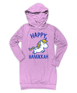 Mauve 'Happy Hanukkah' Unicorn Hoodie Dress