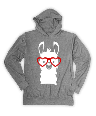 Llama with Heart Glasses Gray Hoodie