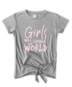 Heather Gray Girls Will Change the World Tie-Front Tee