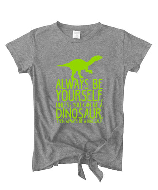 Heather gray always be yourself dino tie-front girls graphic tee