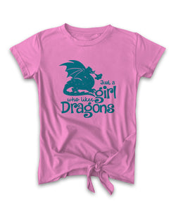 Just a girl who loves dragons mauve tie-front graphic tee