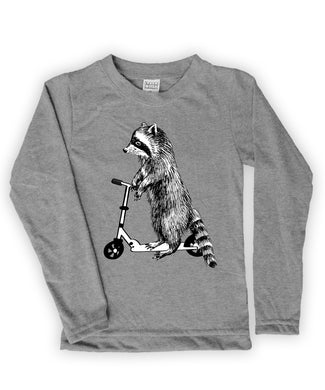 Heather gray raccoon on scooter long-sleeve graphic tee