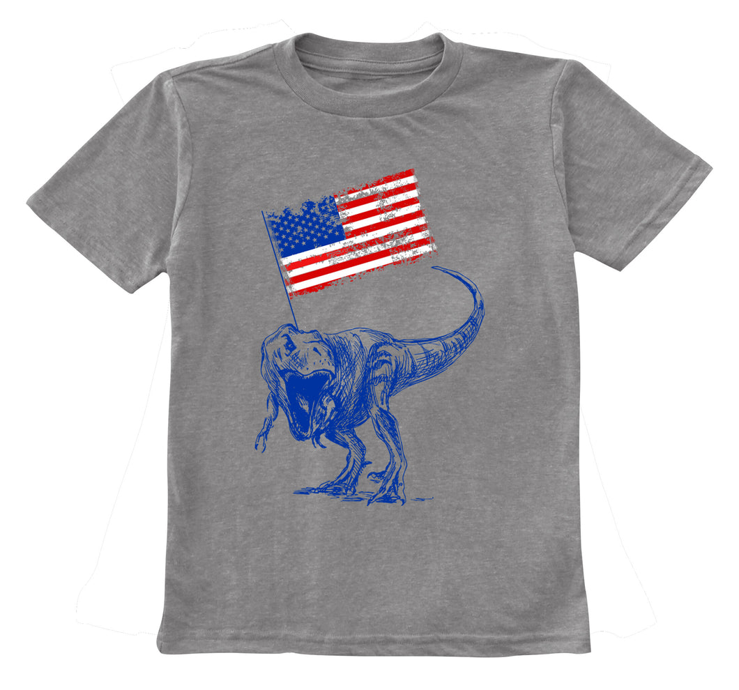 Heather Gray T-Rex American Flag Tee