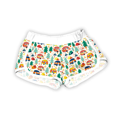 Campers and pine trees retro dolphin shorts