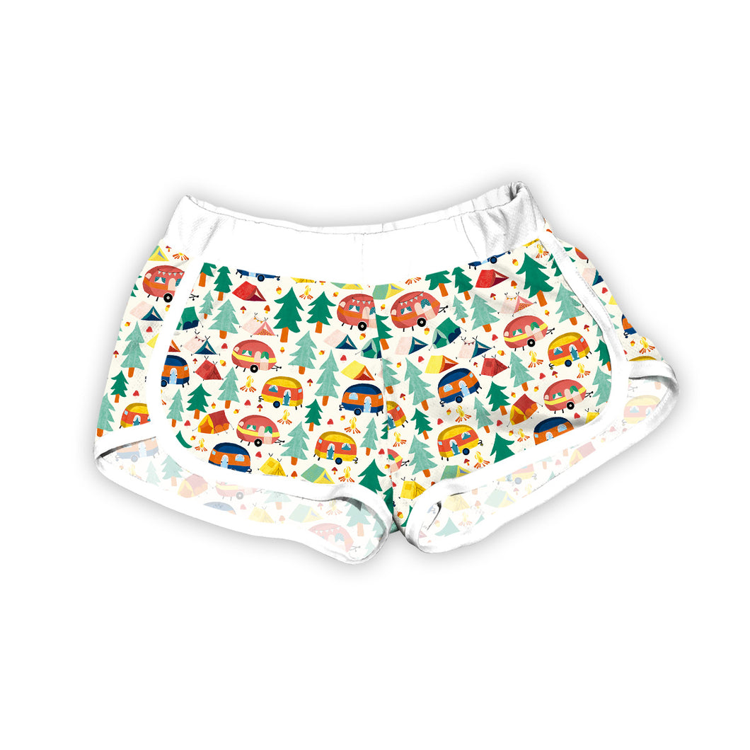 Campers and pine trees retro dolphin shorts